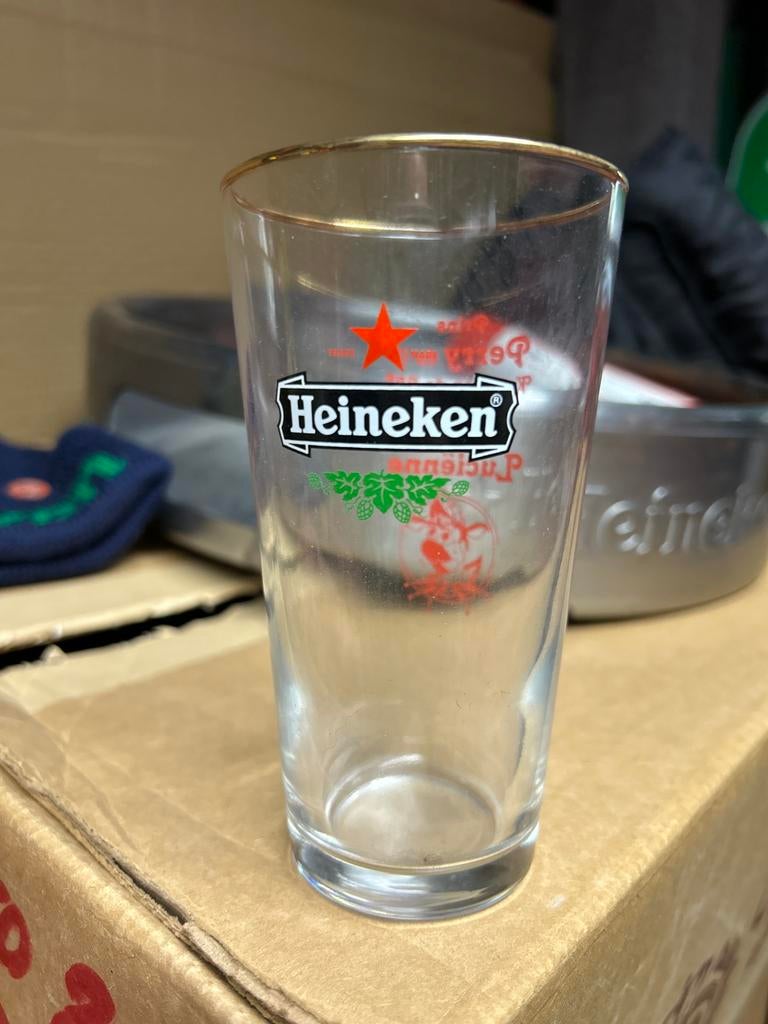 Heineken glas dubbeldruk vaasje, Ophalen, Zo goed als nieuw, Bierglas