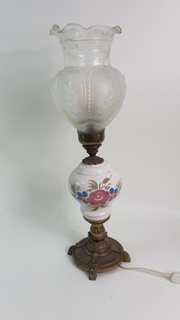 Antieke Italiaanse tafellamp, messing, aardewerk, glas. S13, Ophalen of Verzenden
