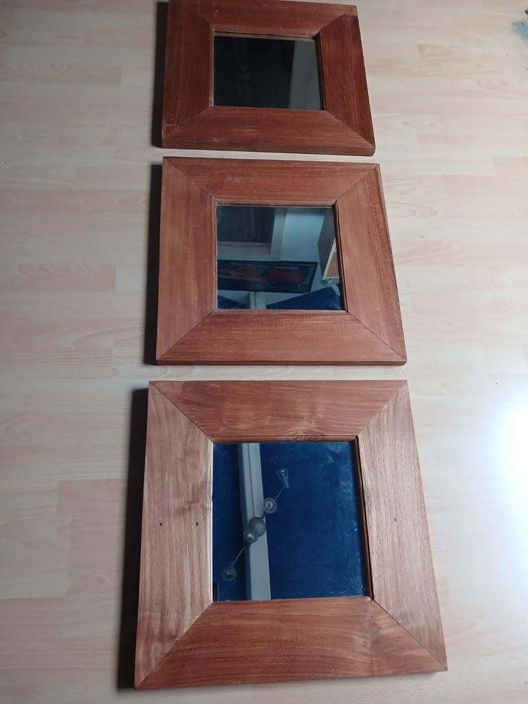 3 Teak Houten Spiegels 50x50 cm, Ophalen, Vierkant, Zo goed als nieuw, Minder dan 100 cm