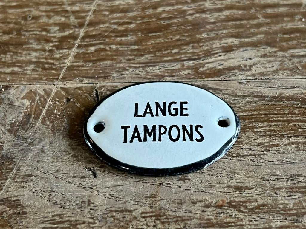 OUD KLEIN EMAILLE BORDJE “ Lange Tampons”, Ophalen of Verzenden