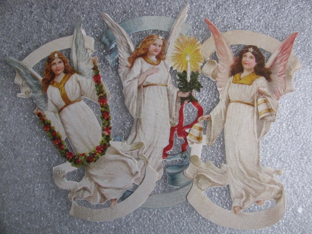 Set van 3 Poesieplaatjes - Engel met Kaars - Bloemen - Bel, Verzenden