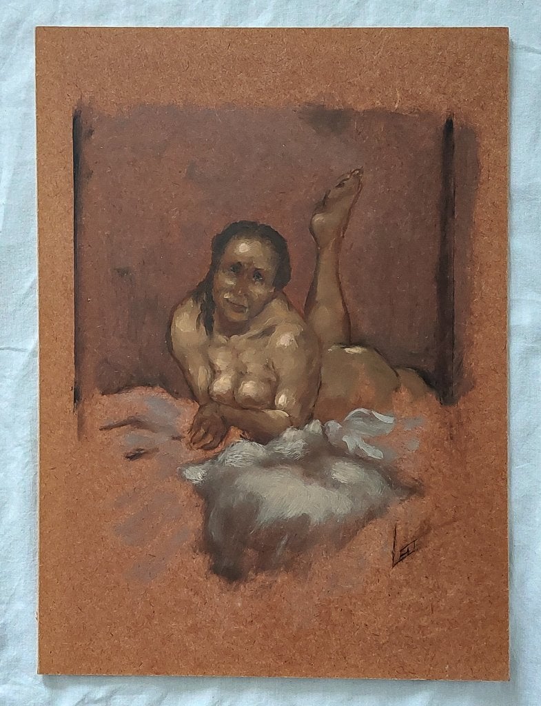 Schilderijtje/ Studie van Liggend Naakt - Olieverf, Paneel, Portret of Personen, Realistisch, Ophalen of Verzenden