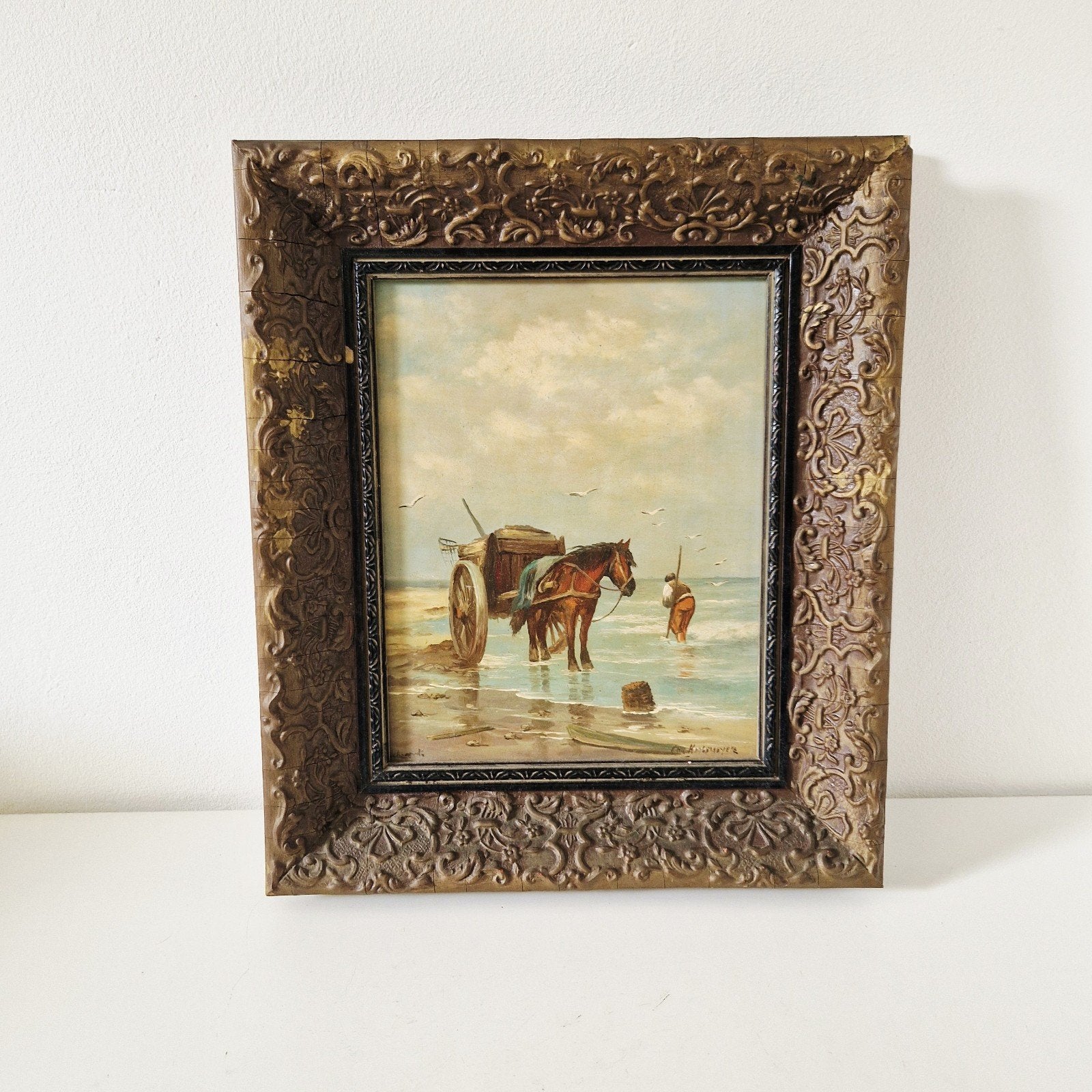 Antiek schilderij paneel in gouden lijst landschap zee, Antiek en Kunst, Paneel, Ophalen of Verzenden, Landschap, Klassiek