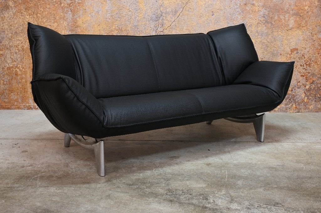 OPNIEUW beklede zwarte leren Leolux Tango design bank, Leolux, Leolux, Driepersoons, 75 tot 100 cm