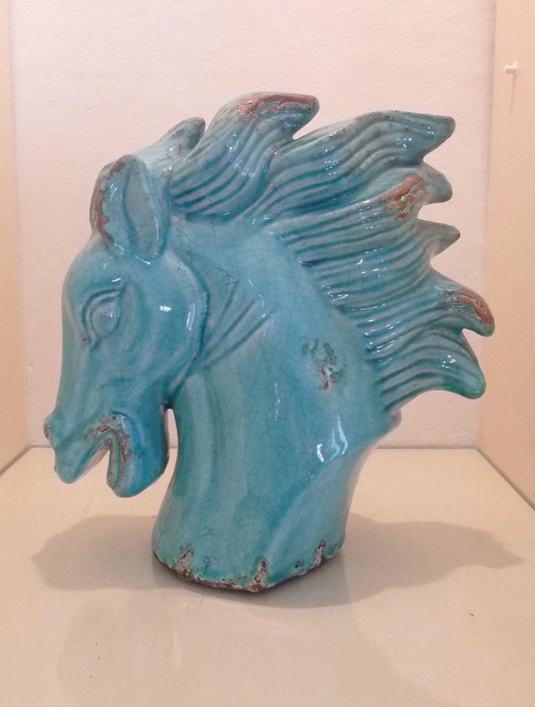 Paardenbuste in Turquoise Craquelé geglazuurd aardewerk  , Antiek en Kunst, Geglazuurd, Ophalen of Verzenden, Zoogdier, Steen of Keramiek