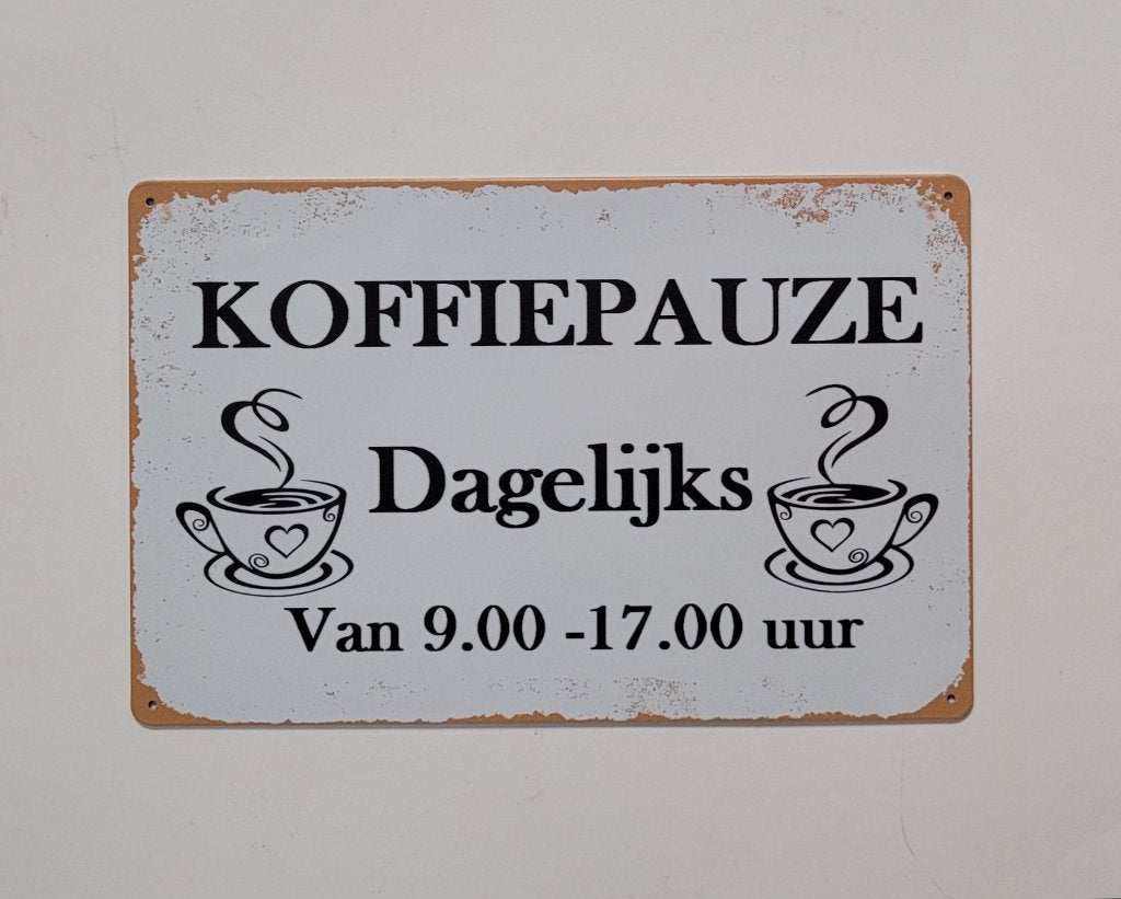 Koffie pauze dagelijks 9 tot 5 reclamebord van metaal deco, Ophalen of Verzenden, Nieuw, Auto's