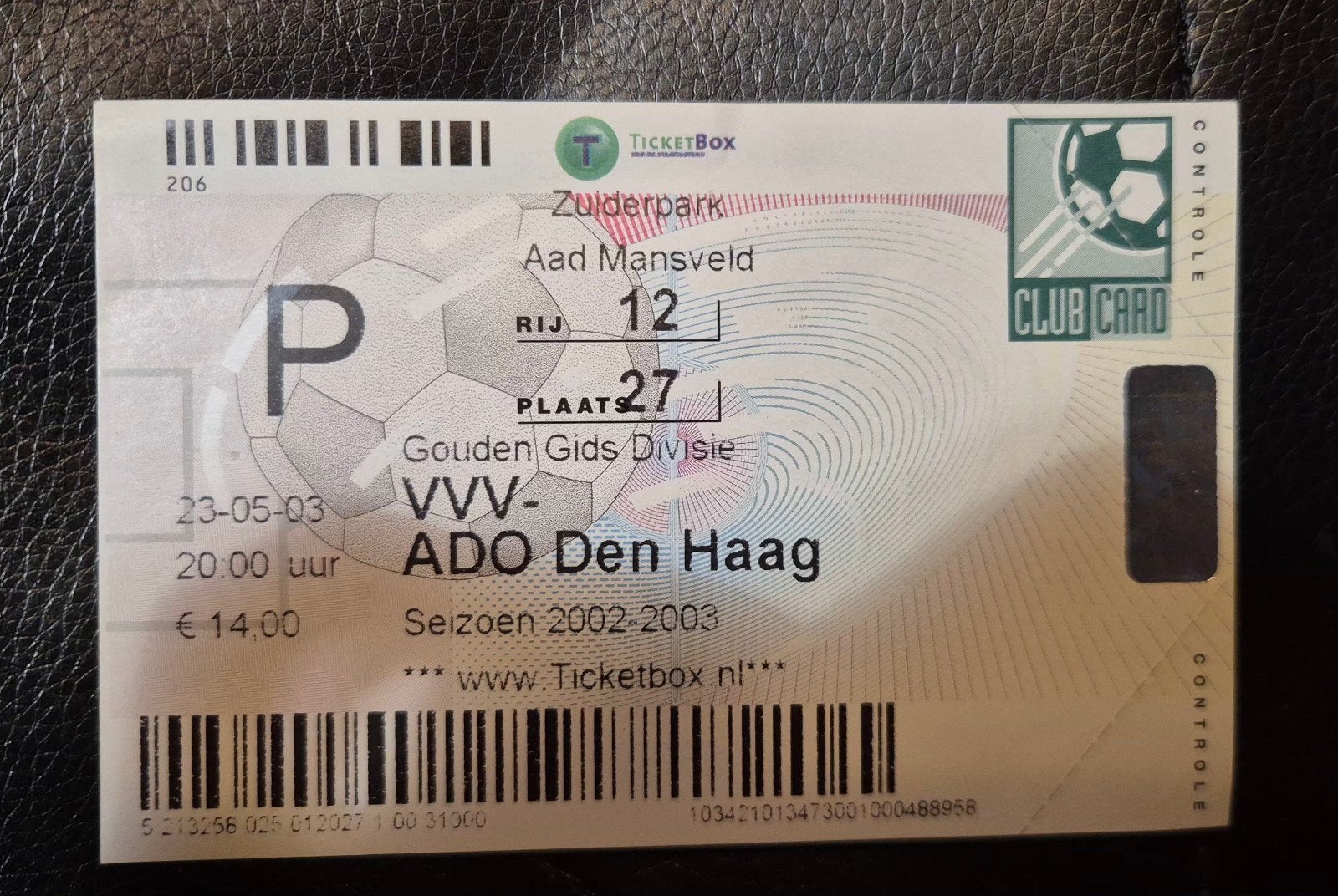 wedstrijd ticket VVV- ADO 2003. Gespeeld in Zuiderpark, Ophalen of Verzenden, Gebruikt, Overige binnenlandse clubs