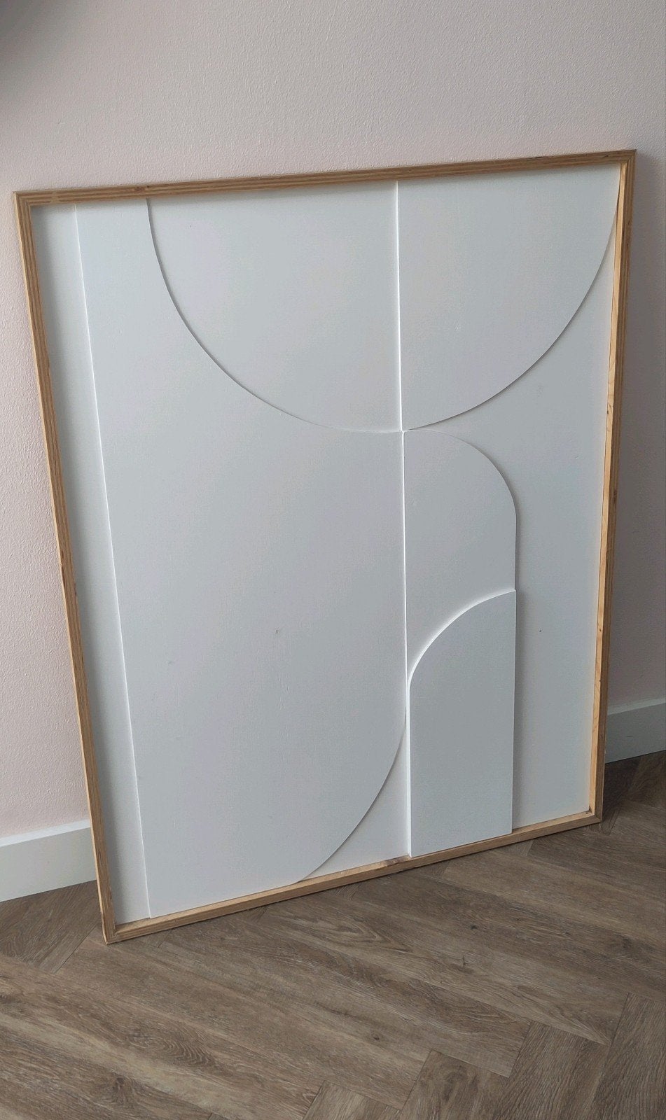 Modern Abstract Kunstwerk - Wit Reliëf met Houten Lijst, Ophalen of Verzenden