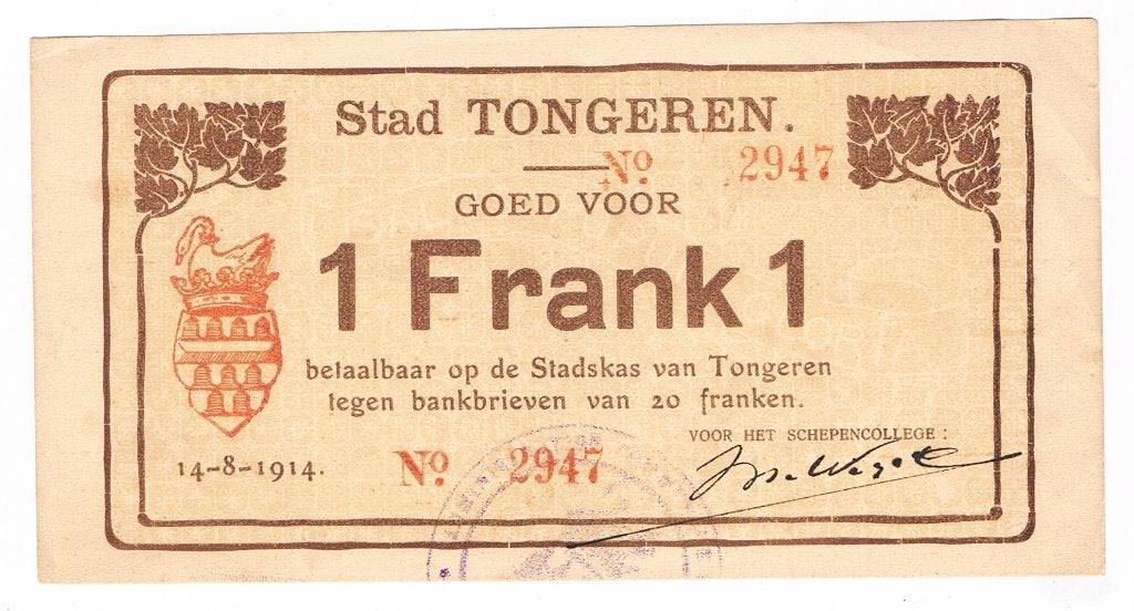 1 frank Tongeren België 14-8-1914, Verzenden, Los biljet