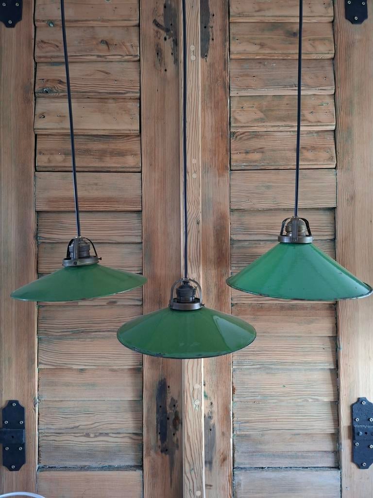 Groen emaille hanglampen , Franse schoenmakers lampen, Ophalen of Verzenden