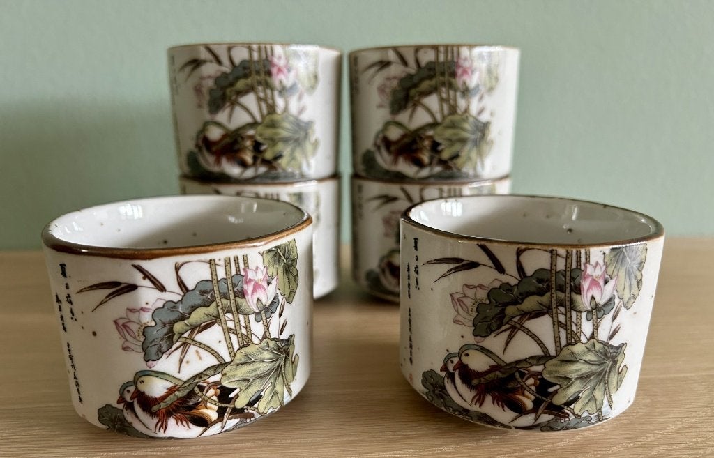 Set van zes Chinese theekopjes met eend en lotus, Antiek en Kunst, Antiek | Porselein, Ophalen of Verzenden