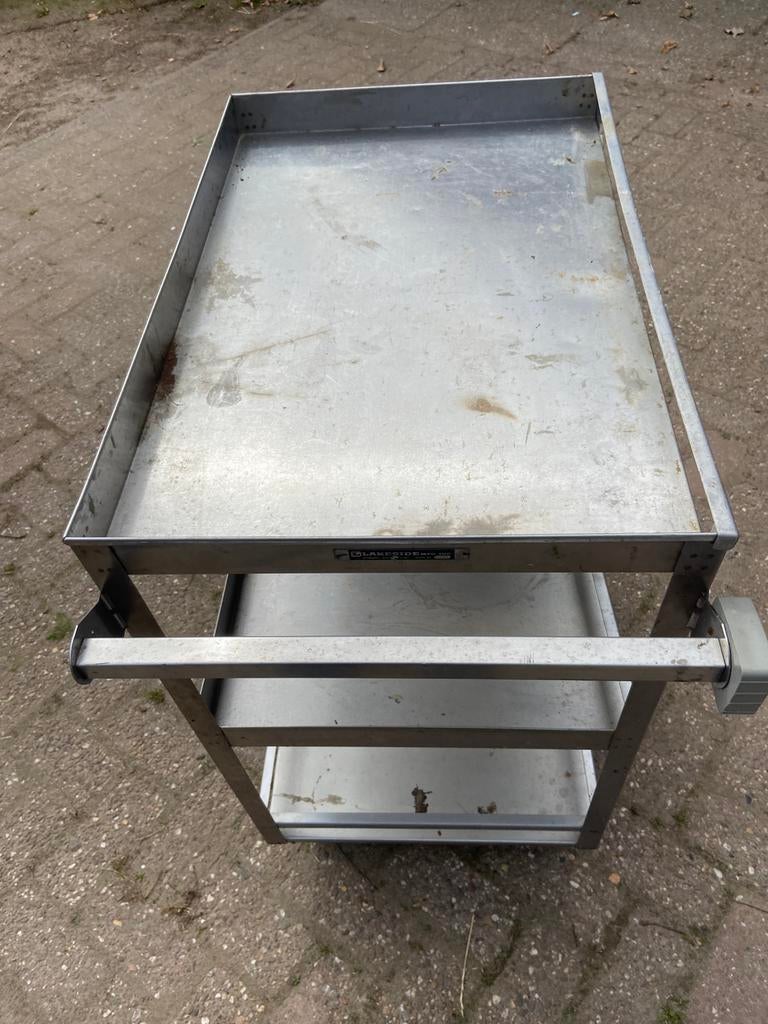 Vintage RVS chirurgisch verrijdbaar industrieel tafeltje, Ophalen, Minder dan 55 cm, Gebruikt, Metaal of Aluminium