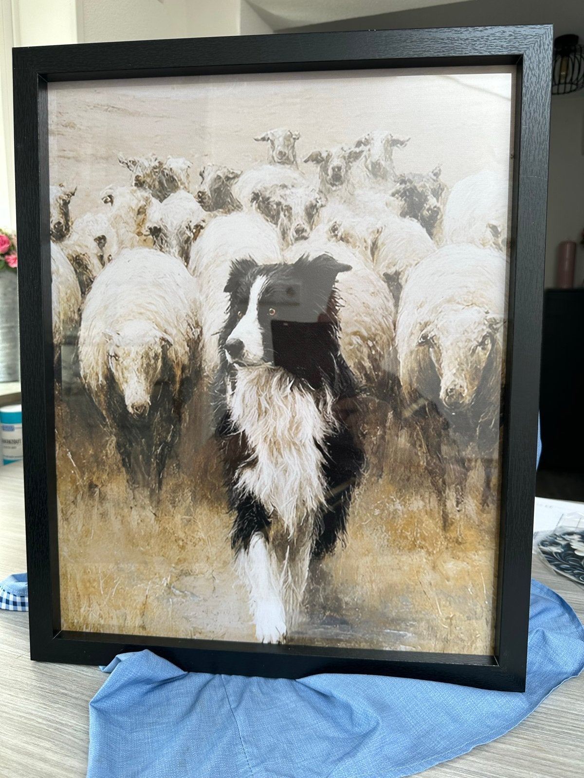 Glice'e Border Collie met schapen in zwarte lijst 50x40cm, Antiek en Kunst, Ophalen of Verzenden