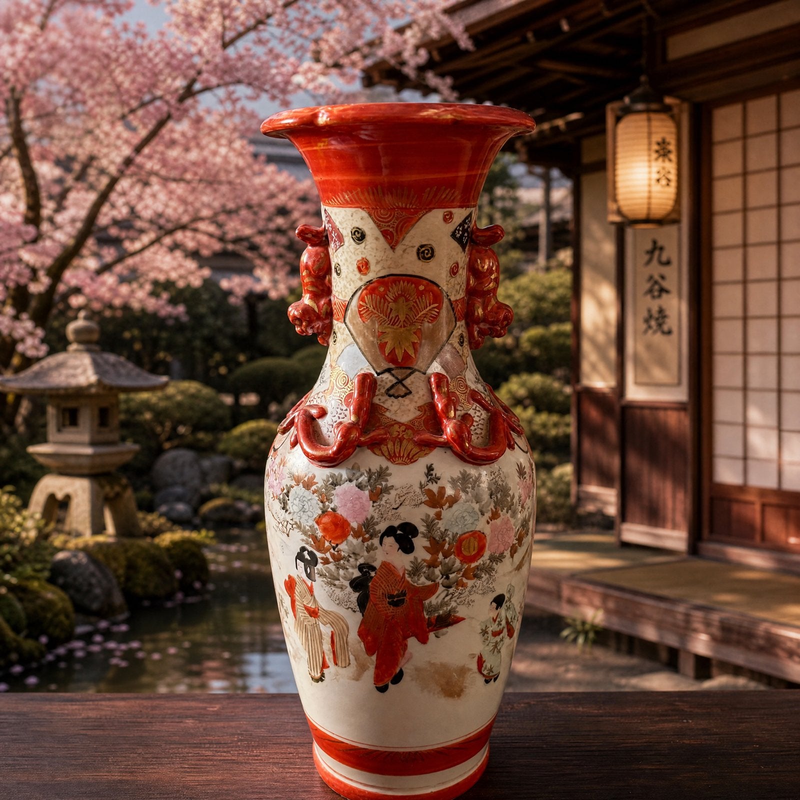 Schitterende Japanse Kutani Vaas - Handbeschilderd - 36 cm, Ophalen of Verzenden