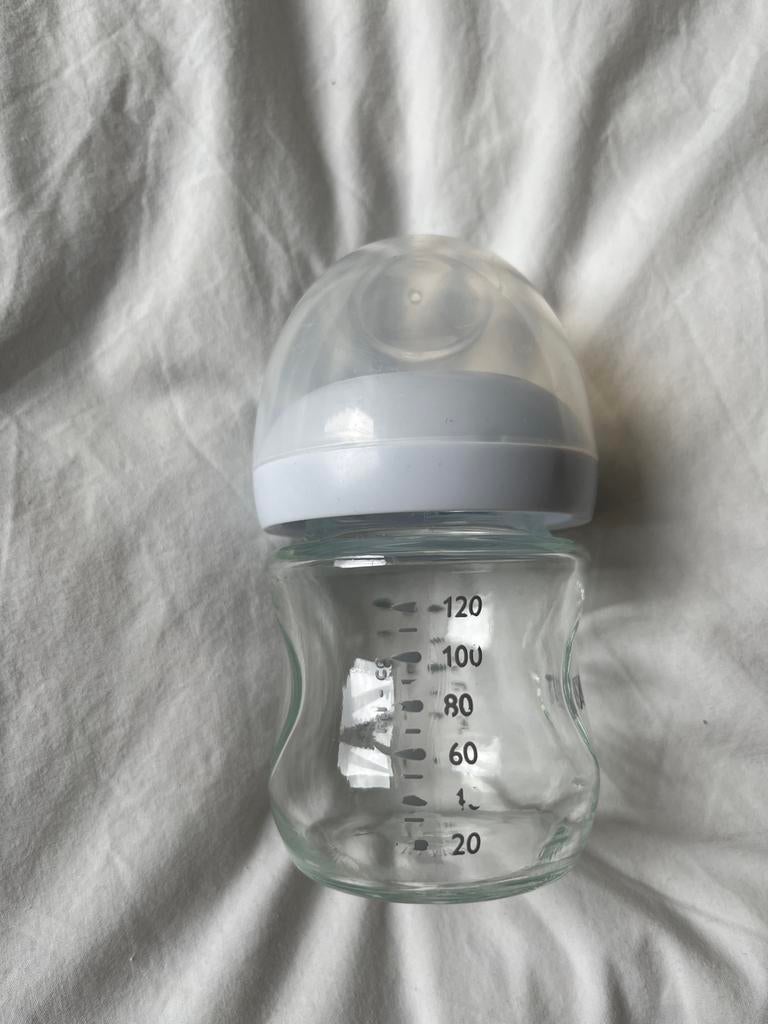 Philips Avent glazen melkfles 120 ml met hoes, Ophalen of Verzenden, Gebruikt, Overige typen
