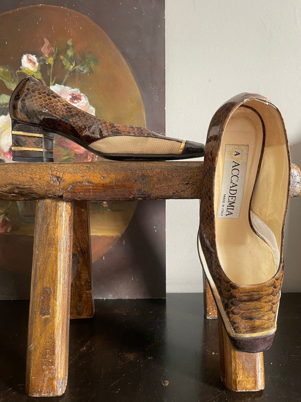 Accademia Made in Italy pumps met slangenprint 37 VINTAGE, Ophalen of Verzenden, Zo goed als nieuw, Bruin, Pumps