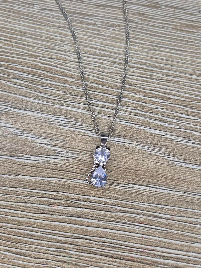 925 Sterling Zilveren Ketting 47cm met Kat Hanger en Kristal, Nieuw, Ophalen of Verzenden, Met kristal, Zilver