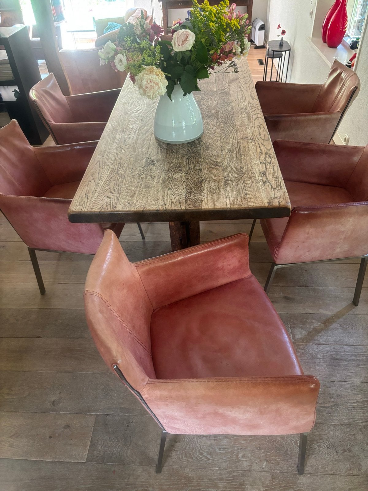 6 leren eetkamerstoelen met armleuning - Zithoogte 48cm, Ophalen, Gebruikt, Overige kleuren, Leer