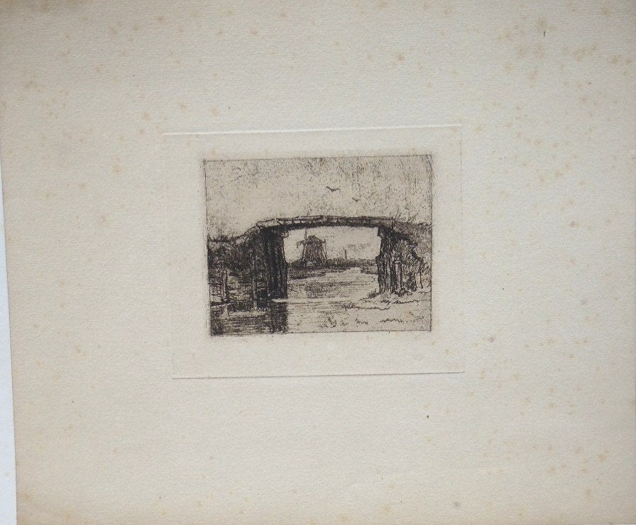 Onvermelde Maker vernis mou "Molenzicht onder de Brug door", Ophalen, 1800 - 1899, Ets, Origineel