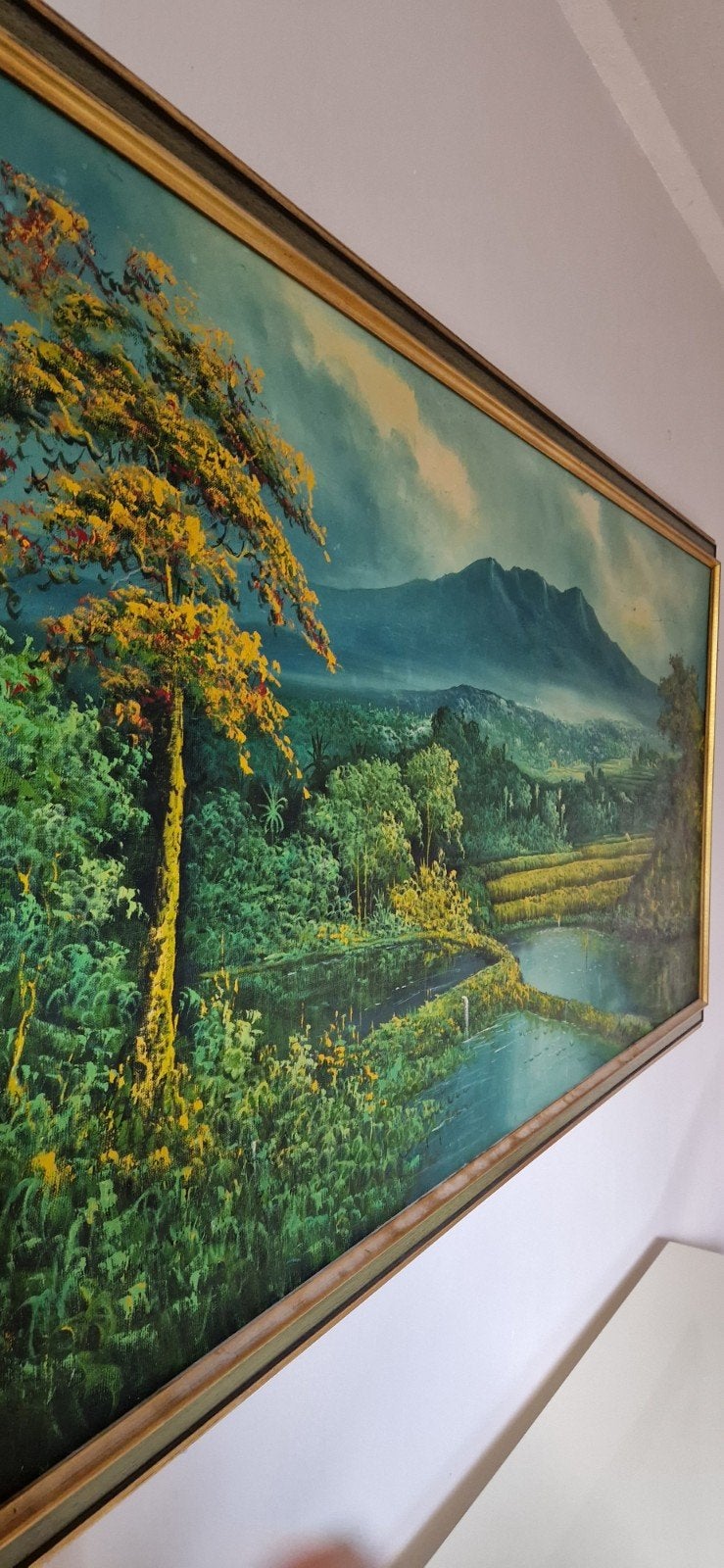 Schilderij met berglandschap en rijstvelden, Handgeschilderd, Doek, Realistisch, Ophalen of Verzenden