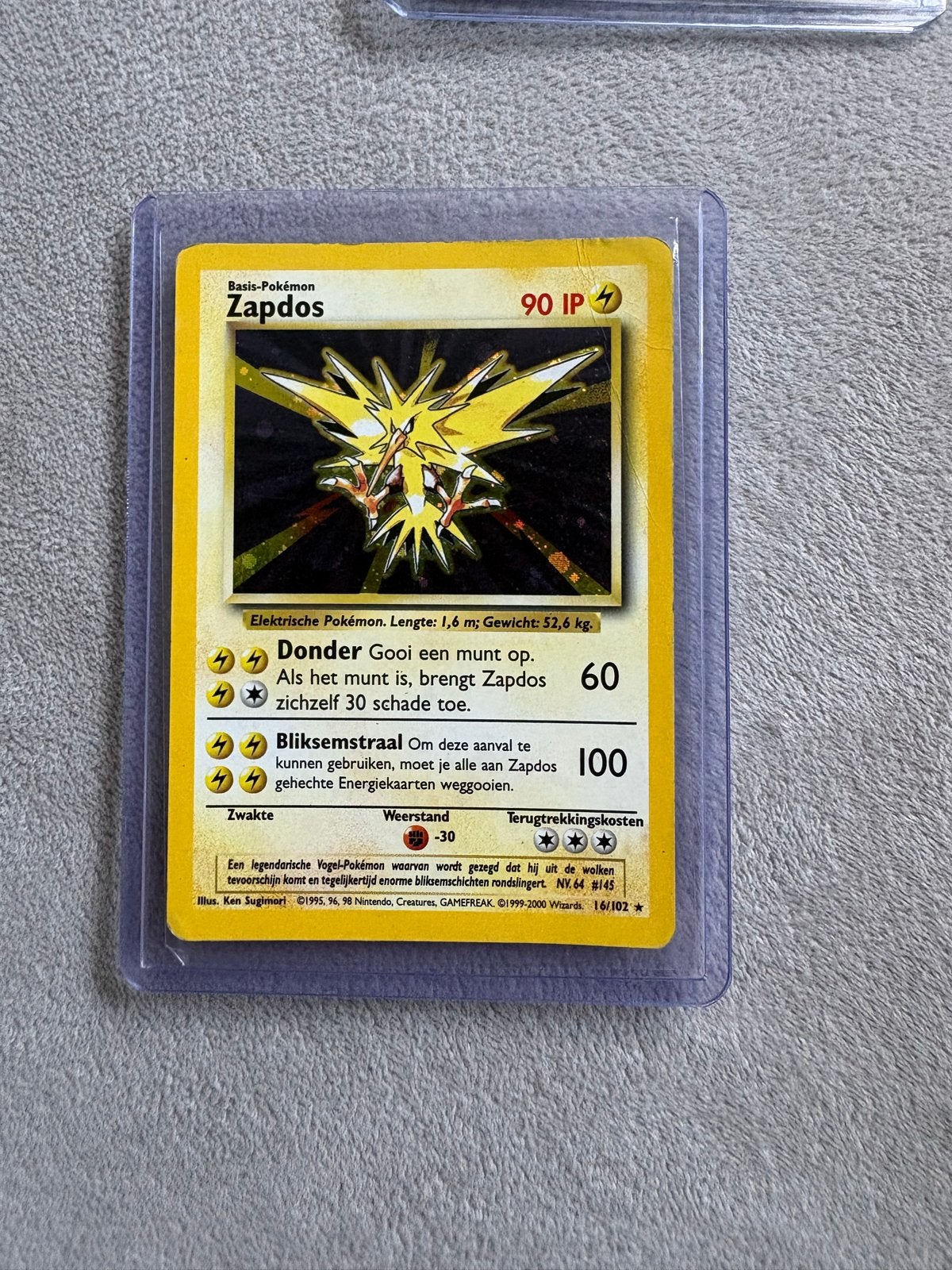 Zapdos Base Set Holo 16/102 Pokémon Kaart NL, Ophalen of Verzenden, Gebruikt, Losse kaart, Foil