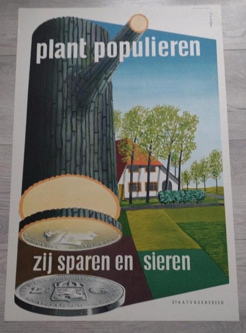 Vintage poster 'Plant populieren' Staatsbosbeheer, Natuur, Gebruikt, Ophalen of Verzenden, Voor 1940