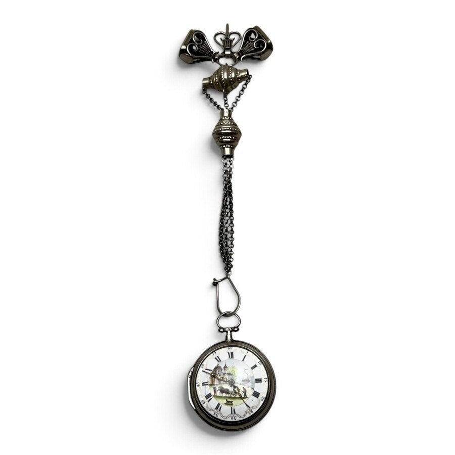 Antiek 18e/19e eeuws zakhorloge aan chatelaine, Antiek en Kunst, Ophalen of Verzenden