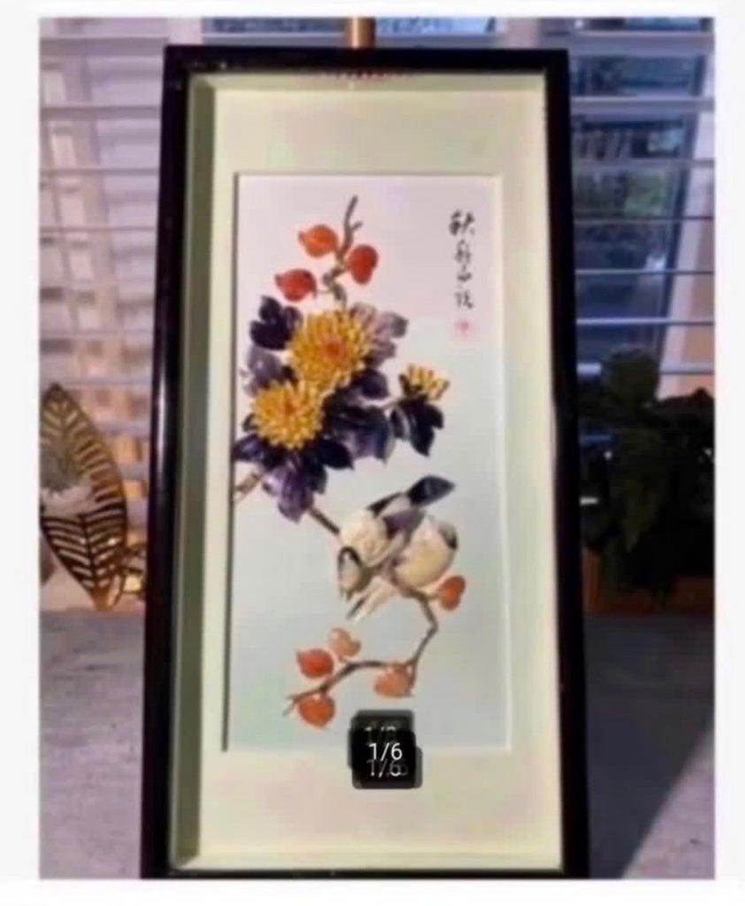 Chinese kunst, lijst bloemen vogels schelp parelmoer, Antiek en Kunst, Kunst | Designobjecten, Ophalen of Verzenden