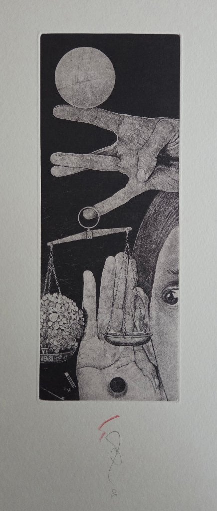 Exlibris / Ex libris I. Rusachek, Alles of niets, weegschaal, Ophalen of Verzenden