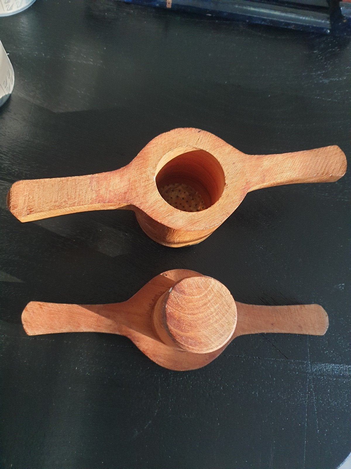 Vintage houten citruspers met koperen zeef, Ophalen of Verzenden