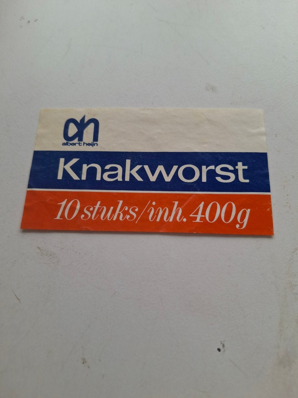 etiket AH knakworst 10 stuks 400 gr, Verzamelen, Ophalen of Verzenden, Zo goed als nieuw, Overige typen