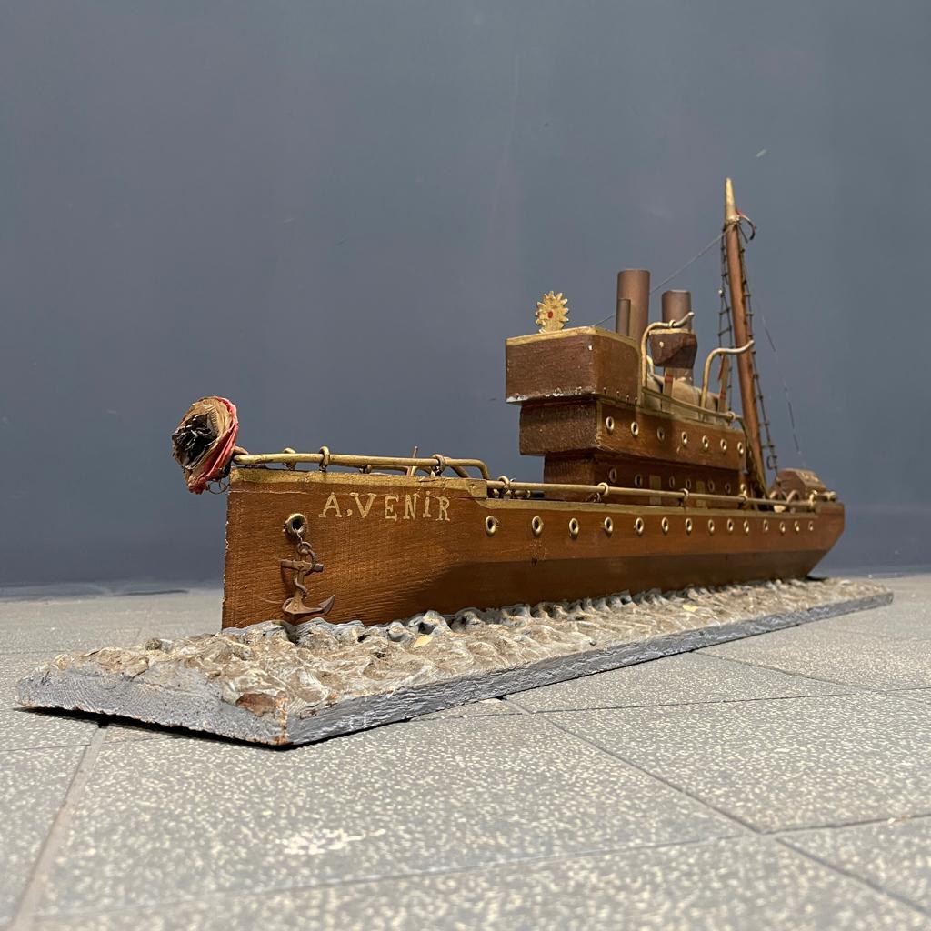 Groot oud antiek volkskunst stoom schip huisvlijt hout boot, Antiek en Kunst, Ophalen of Verzenden