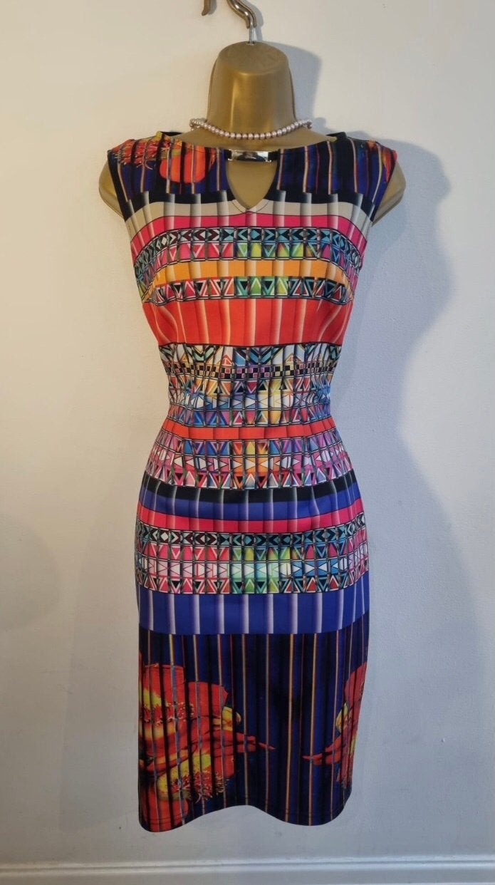 Ribkoff kleurrijke jurk metaal detail chiffon inzetje 38, Maat 38/40 (M), Zo goed als nieuw, Onder de knie, Meerkleurig