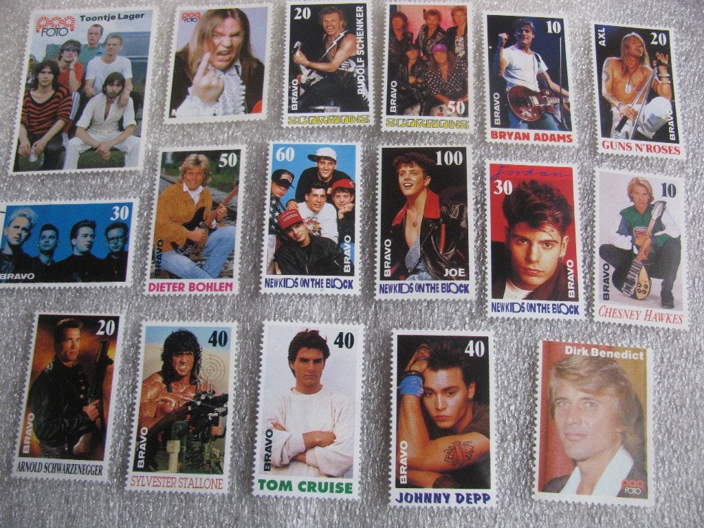 17 Vintage Pop / Acteur Zegels o.a RAMBO Guns n' Roses Depp, Verzamelen, Verzenden, Gebruikt, Overige typen