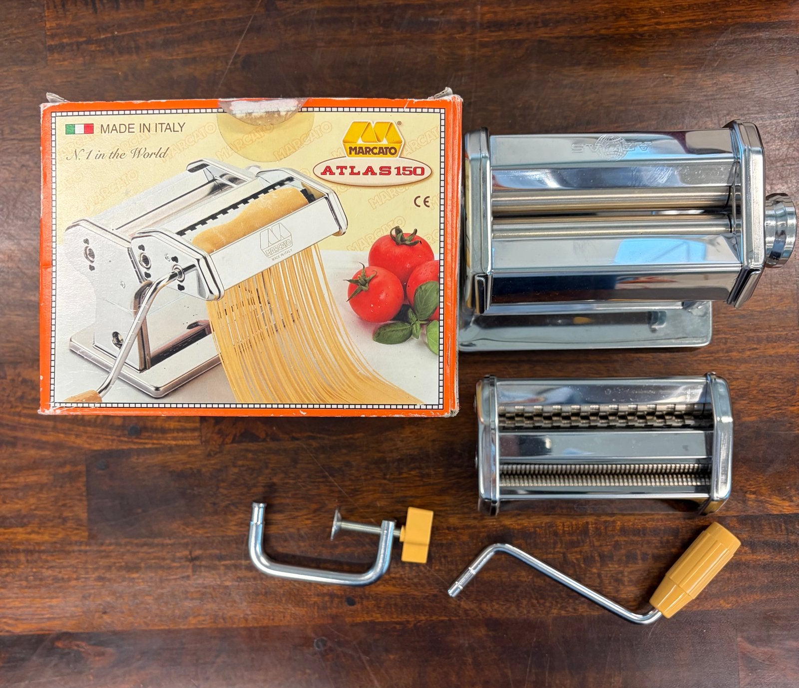 Marcato Atlas 150 Pastamachine met pastadroogrek, Ophalen, Zilver, Zo goed als nieuw, Metaal