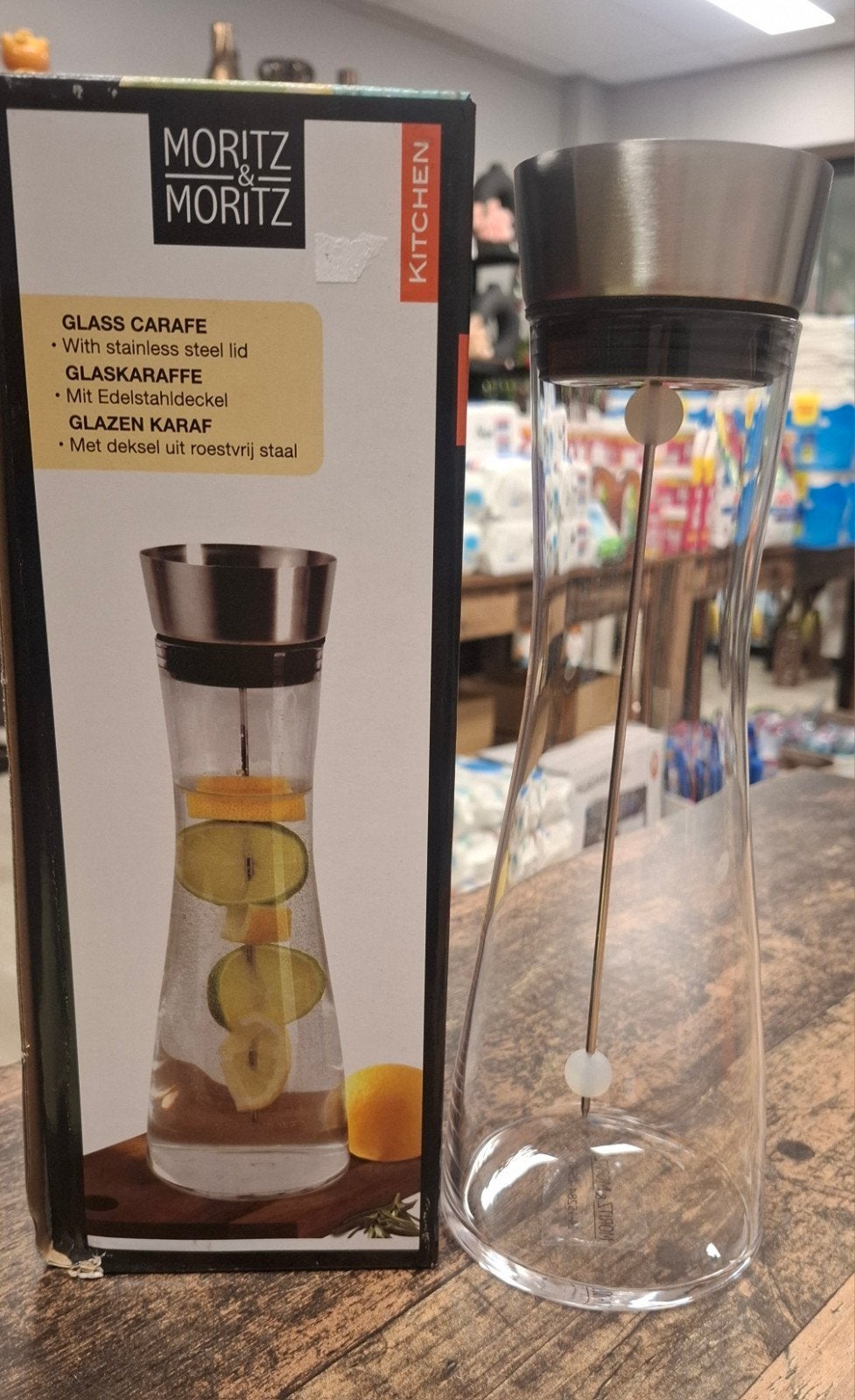Moritz & Moritz Glazen Karaf met RVS Deksel - 1 Liter, Huis en Inrichting, Keuken | Keukenbenodigdheden, Ophalen of Verzenden
