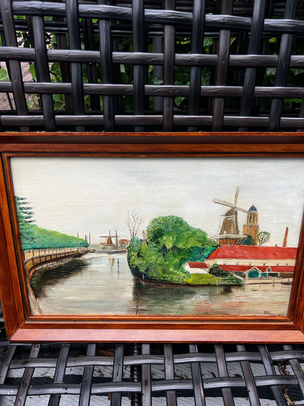 Olieverfschilderij op paneel Hollandse molens en gracht, Ophalen of Verzenden
