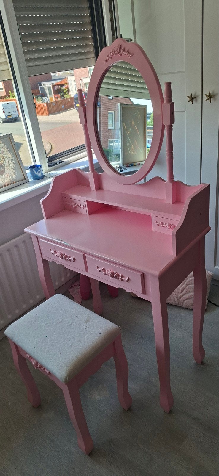 Roze kaptafel met spiegel en krukje - Gebruikt, Ophalen, Gebruikt, 100 tot 150 cm, 50 tot 100 cm