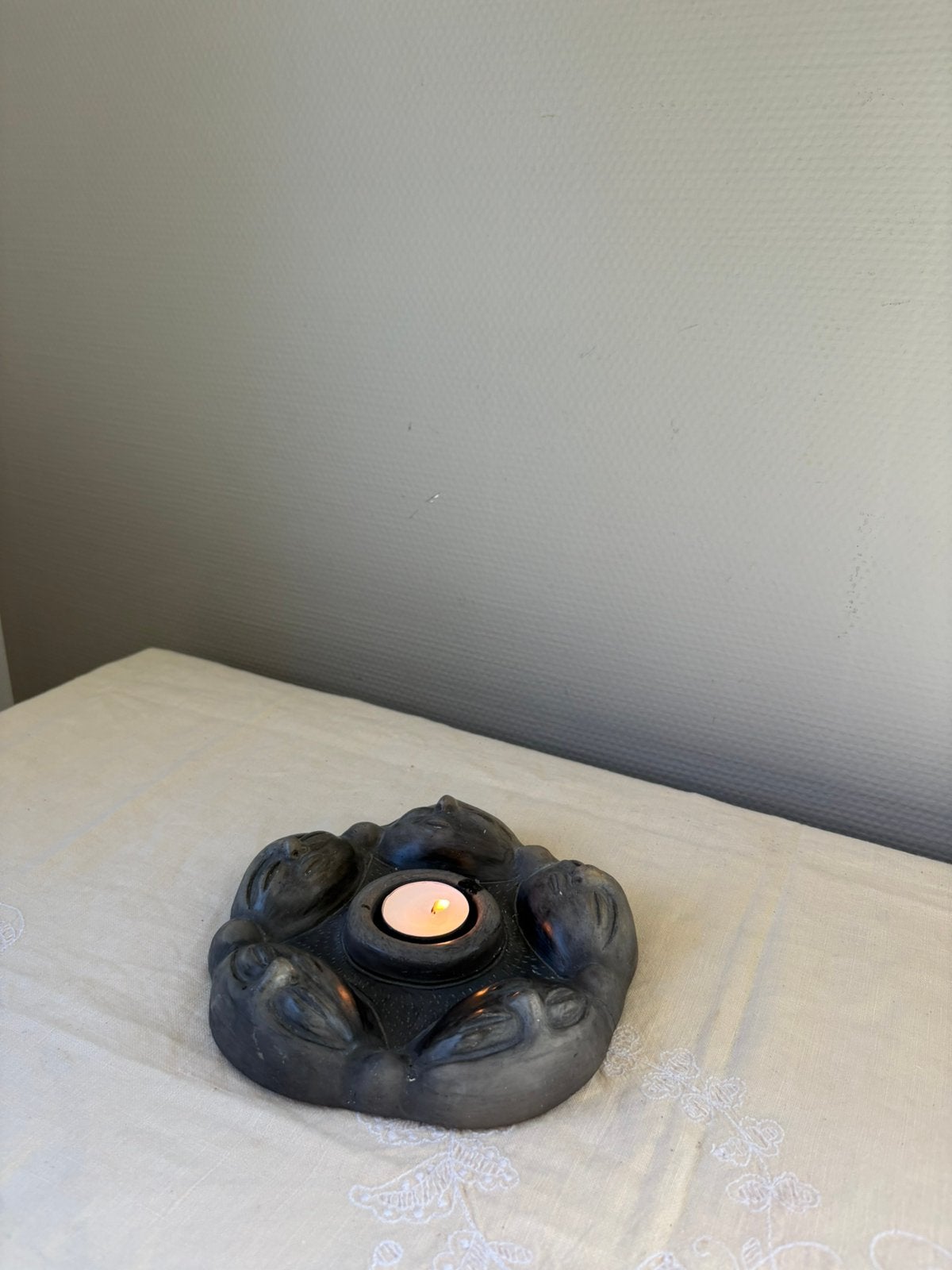 Vintage ceramic ‘mannetjes ’ waxinelichthouder |, Ophalen of Verzenden, Zo goed als nieuw, 5 cm, Grijs