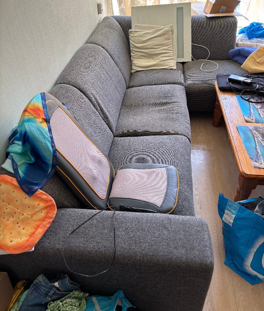 Leuke grijze L-vormige hoekbank met sterke stof bekleed, Ophalen, 250 tot 300 cm, Gebruikt, Hoekbank