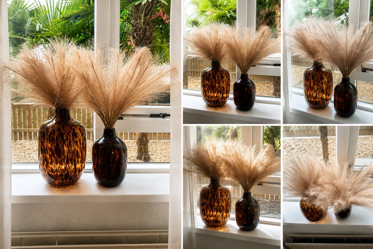 Luxe tortoise glazen vazen met pampasgras, Ophalen, Overige kleuren, Minder dan 50 cm, Glas