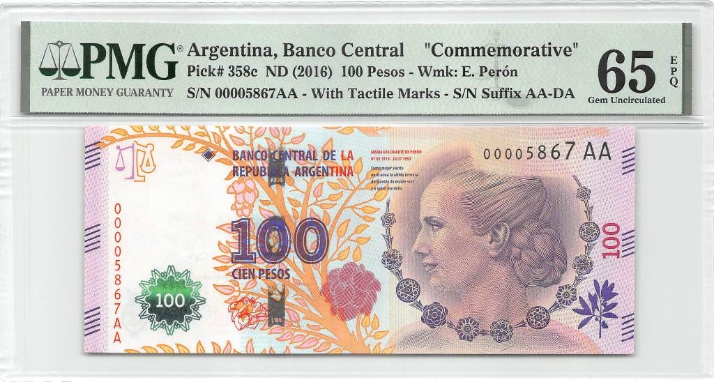 Argentina 100 Pesos 2016 Unc PMG 65 Evita Peron, Ophalen of Verzenden, Zuid-Amerika, Los biljet