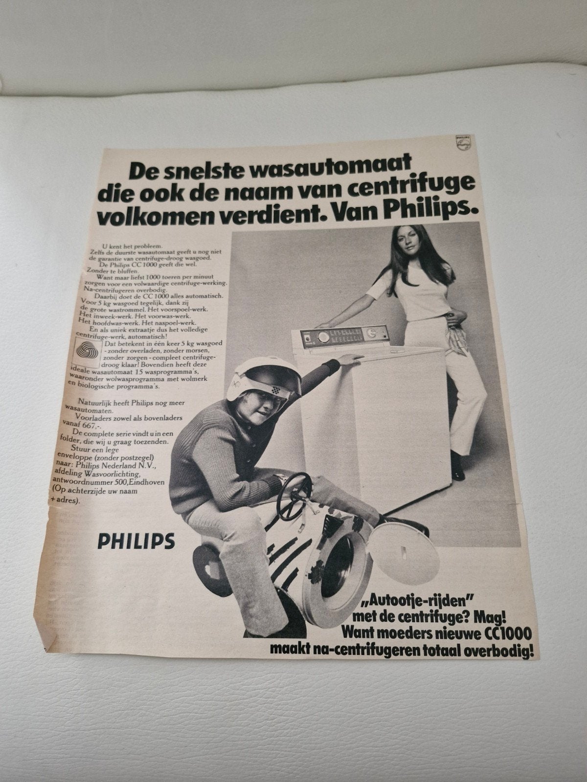 Vintage Philips Wasmachine Advertentie (32 x 24 cm), Ophalen of Verzenden, Gebruikt, Reclamebord