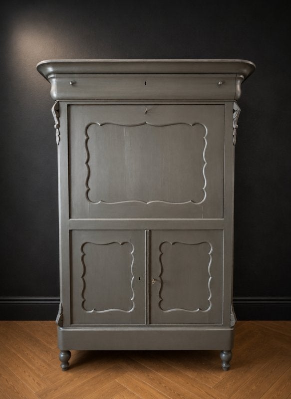 Antieke Biedermeier secretaire, oude kast donker taupe VdlM, Ophalen, 5 laden of meer, 50 tot 100 cm, Zo goed als nieuw