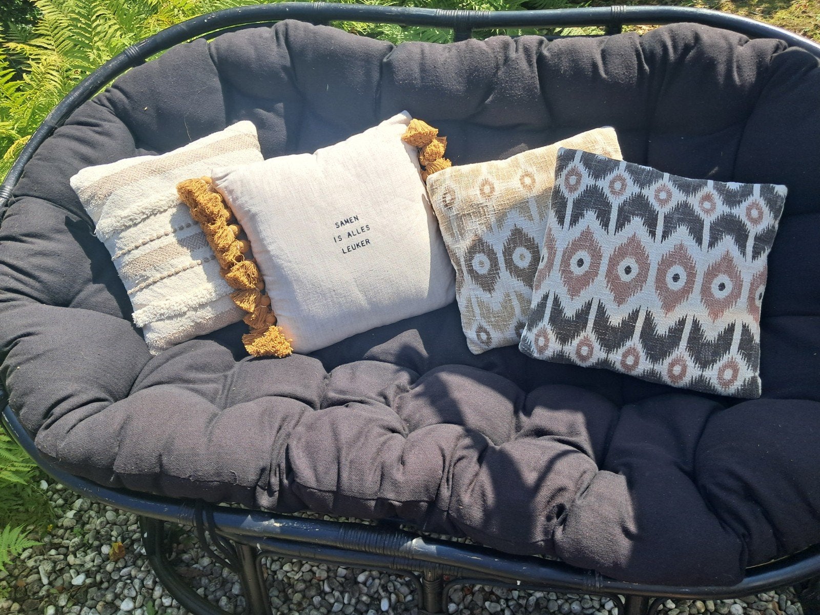 Bohemian Bamboe Loungestoel met Kussen - Direct Ophalen, Tuin en Terras, Tuinbanken, Ophalen of Verzenden, Gebruikt, Overige materialen