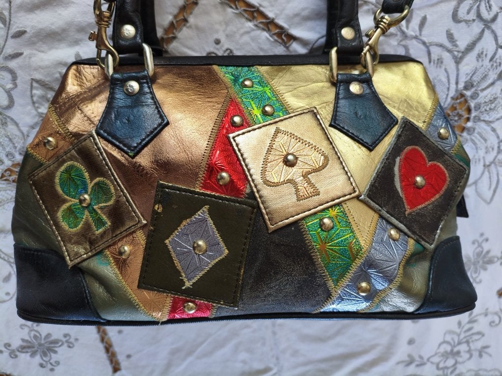 Unieke Vintage Leren Patchwork Handtas, Ophalen of Verzenden, Bruin, Handtas