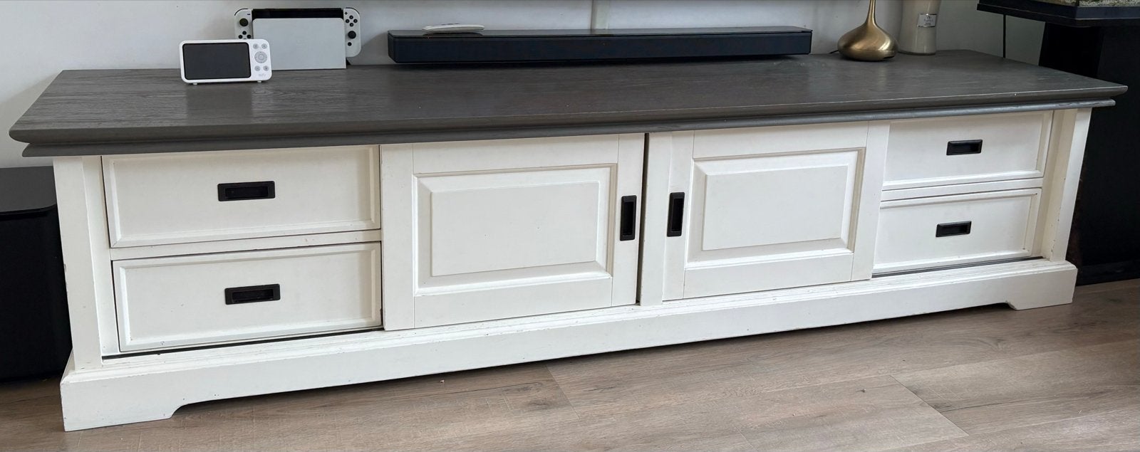 Riverwoods TV-meubel 210cm - ClearWhite/Rustic Grey, Huis en Inrichting, Ophalen, Gebruikt, 200 cm of meer, Minder dan 100 cm