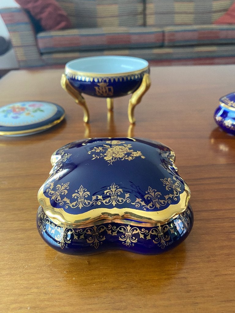 Vintage Limoges porselein kobalt sieradendoos - Frankrijk, Antiek en Kunst, Antiek | Porselein, Ophalen of Verzenden