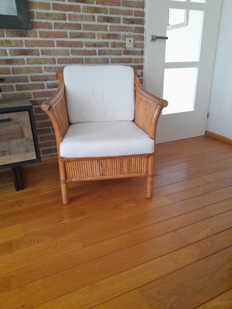 Bamboe fauteuil met kussens, Ophalen, Zo goed als nieuw, Minder dan 75 cm, 50 tot 75 cm