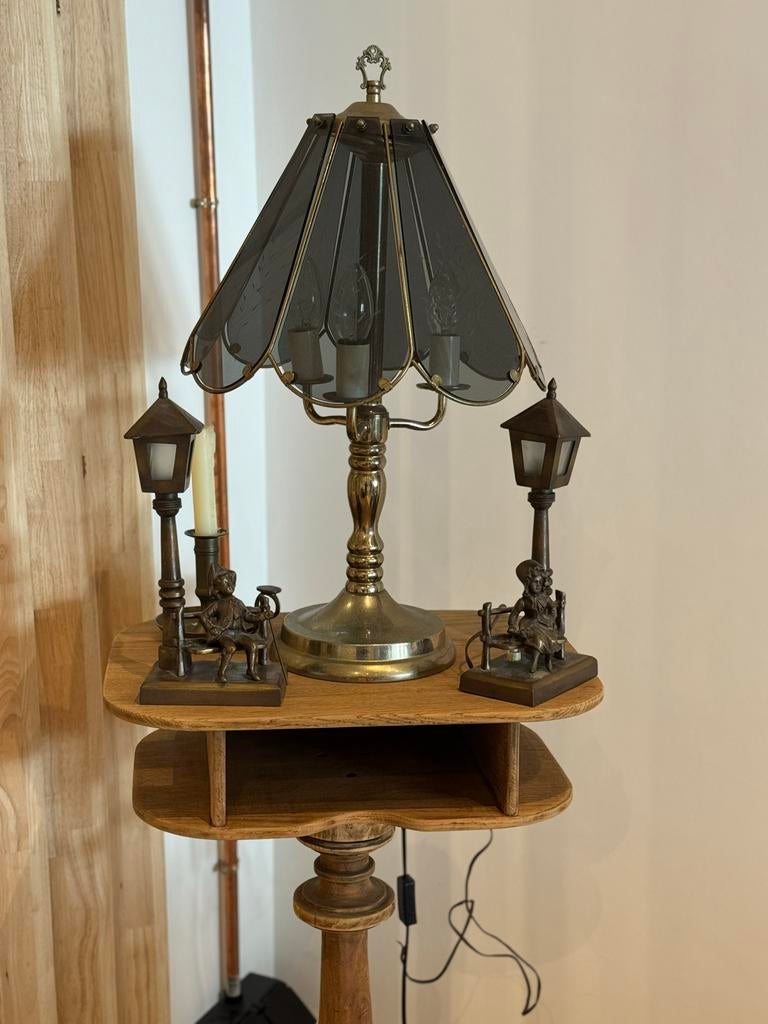 Vintage tafellamp met bronzen details en houten standaard, Ophalen of Verzenden
